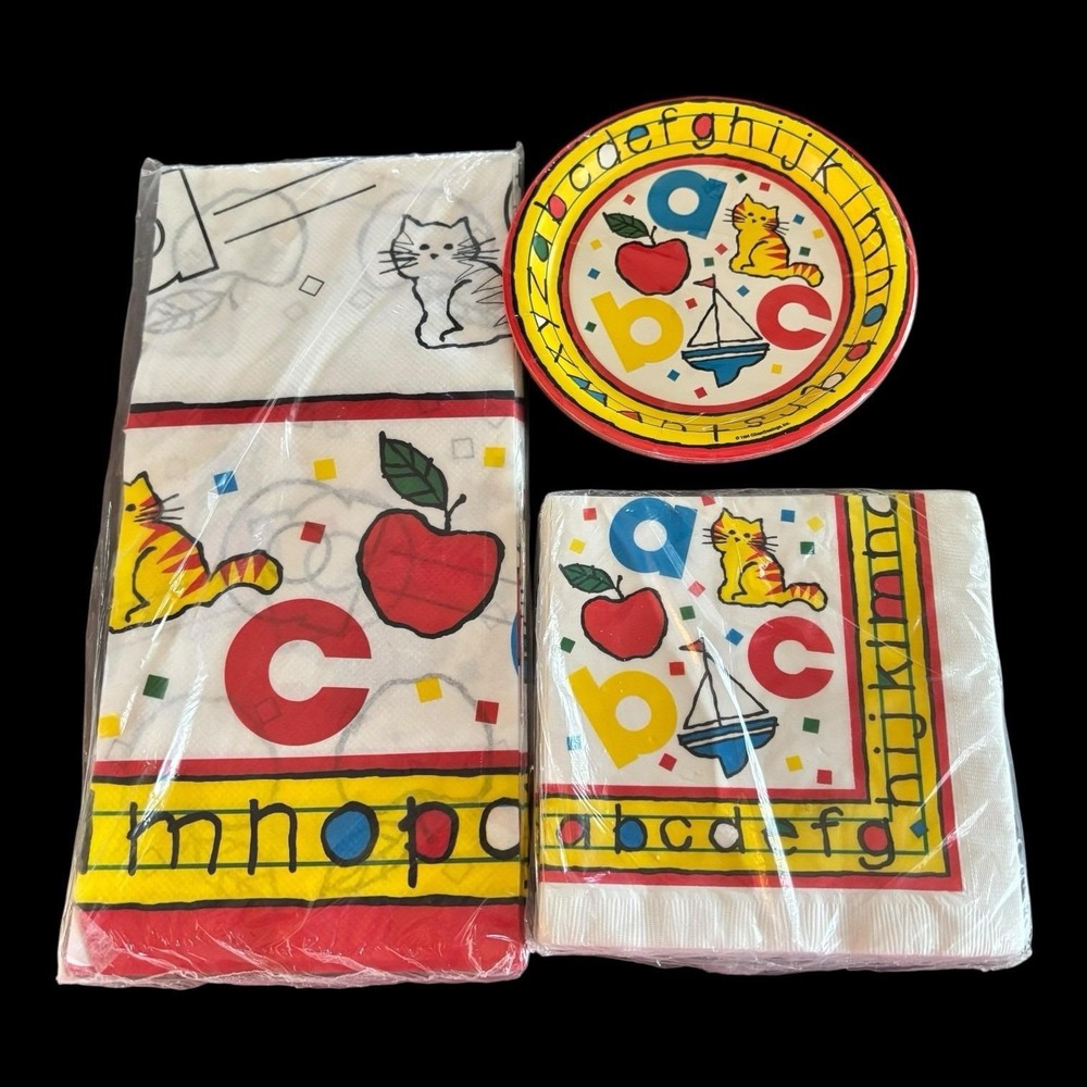 Vintage Gibson Paper Plates Napkins Table Cover ABC's Teacher School USA NEW